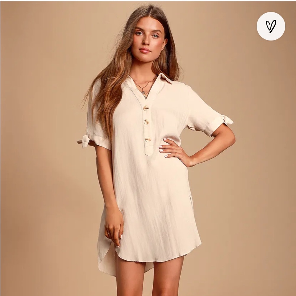 Lulus Countryside Beige Tie-Sleeve Shirt Dress